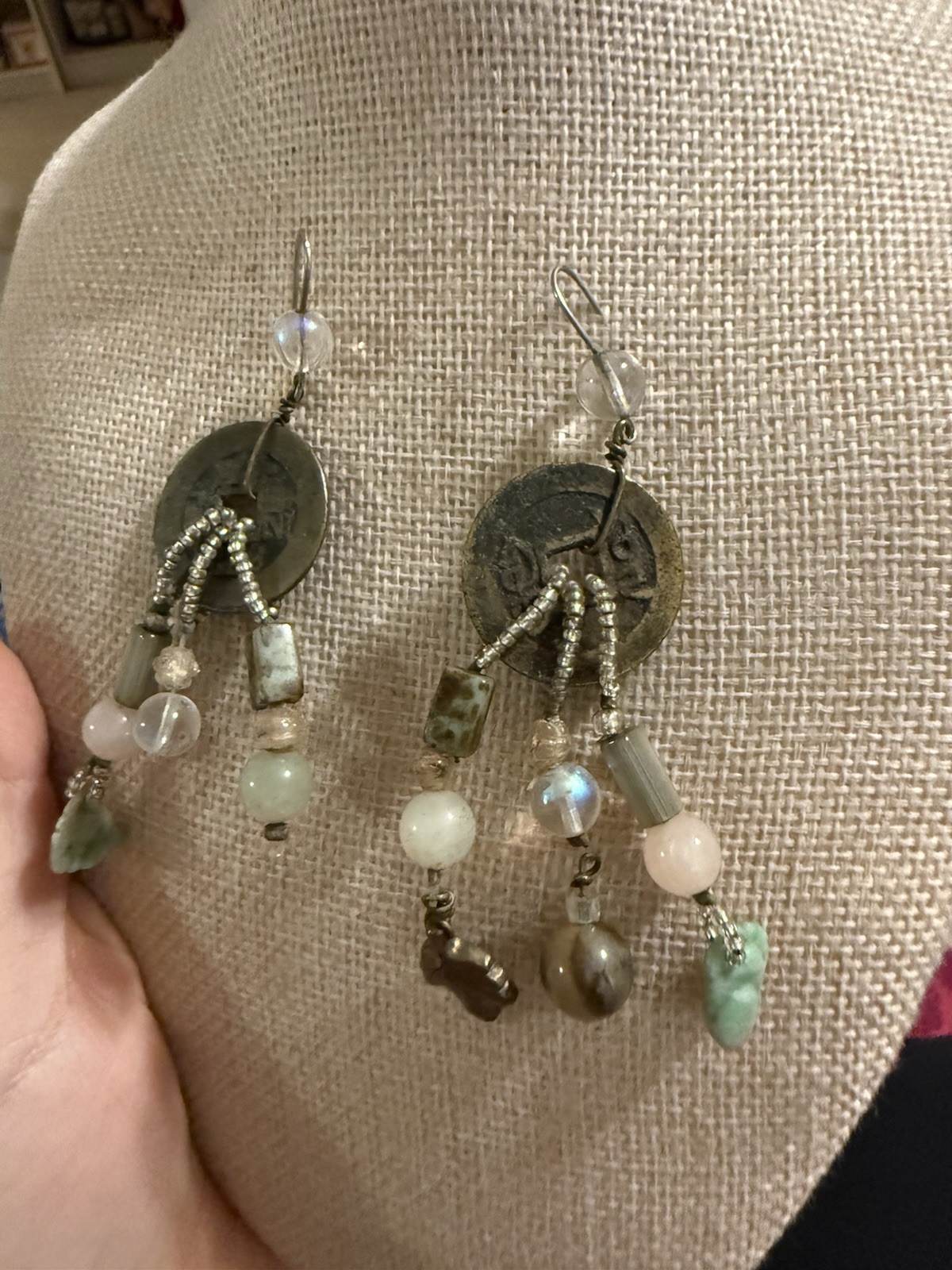 Artisan Bronze Green Dangle Drop Statement Earrin… - image 2
