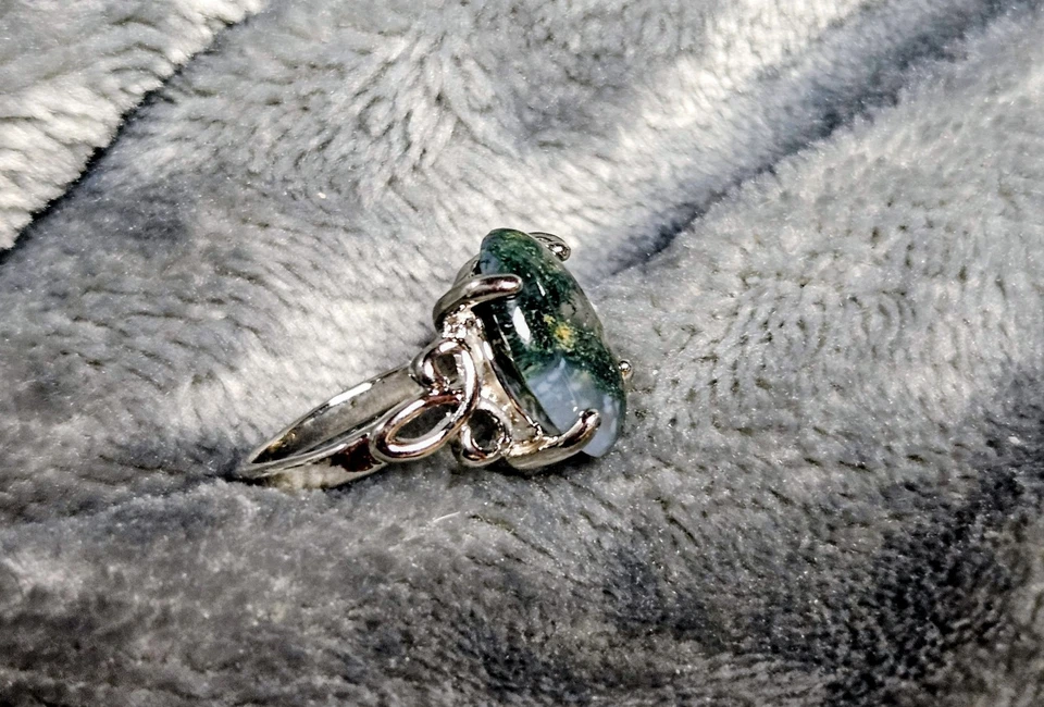 Кольцо ручной работы с подвеской из стерлингового серебра 925 пробы с натуральным мхом агатом и драгоценными камнями размер 6 - Изображение 3 из 4