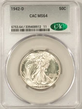 1942-D WALKING LIBERTY HALF DOLLAR - CACG MS-64, CAC APPROVED!