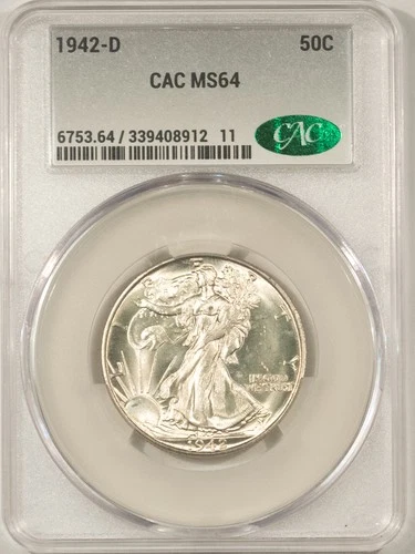 1942-D WALKING LIBERTY HALF DOLLAR - CACG MS-64, CAC APPROVED!