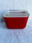 Vintage Red PYREX 501 B 1 1/2 Cup Refrigerator Dish Glass Lid Early Circle Logo