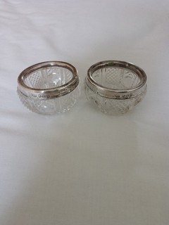 Antique pair of solid silver rimmed cut glass salts hallmarked 1919