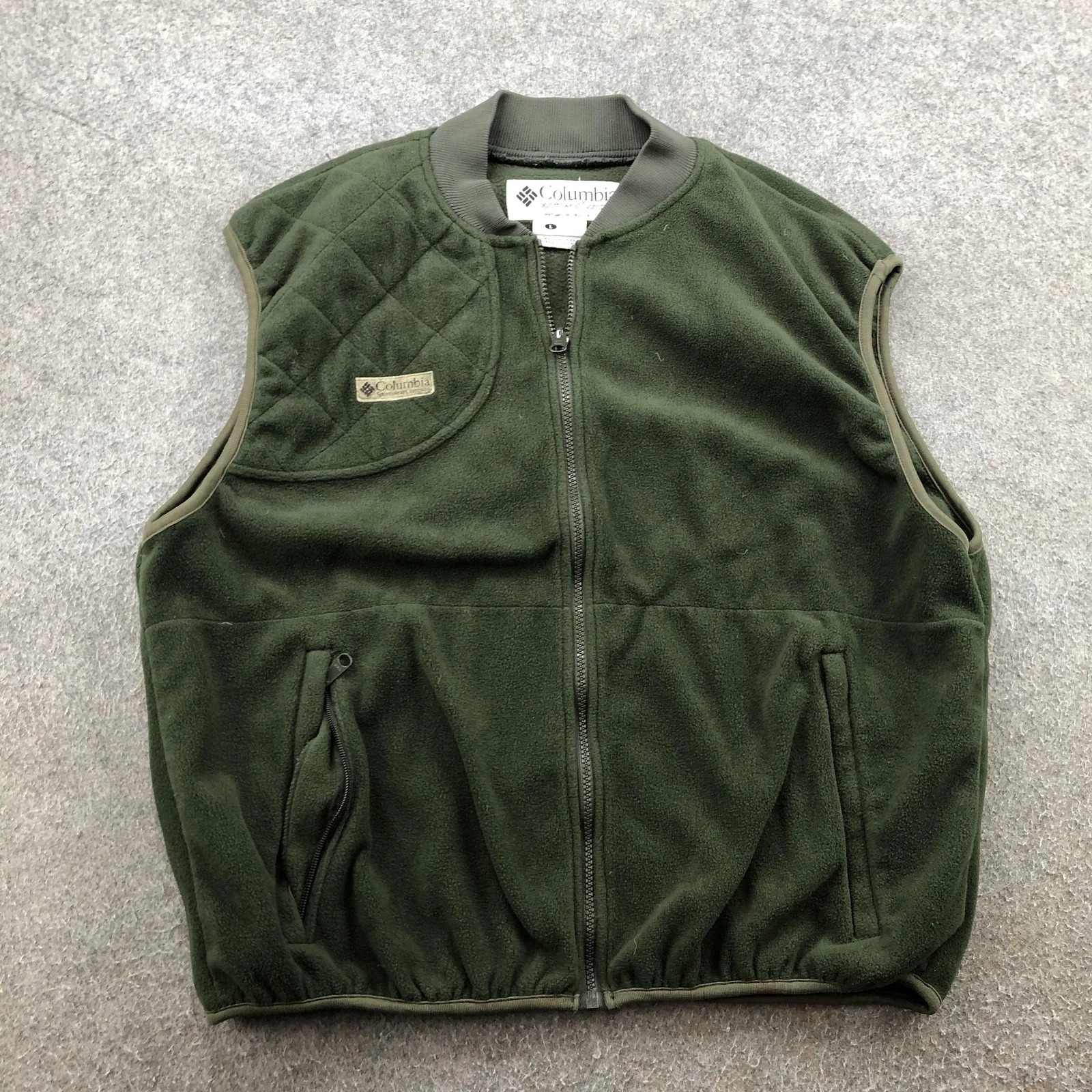 Columbia Vest Mens Large Green Fleece Quilted Shooting Shoulder Full Zip Outdoor