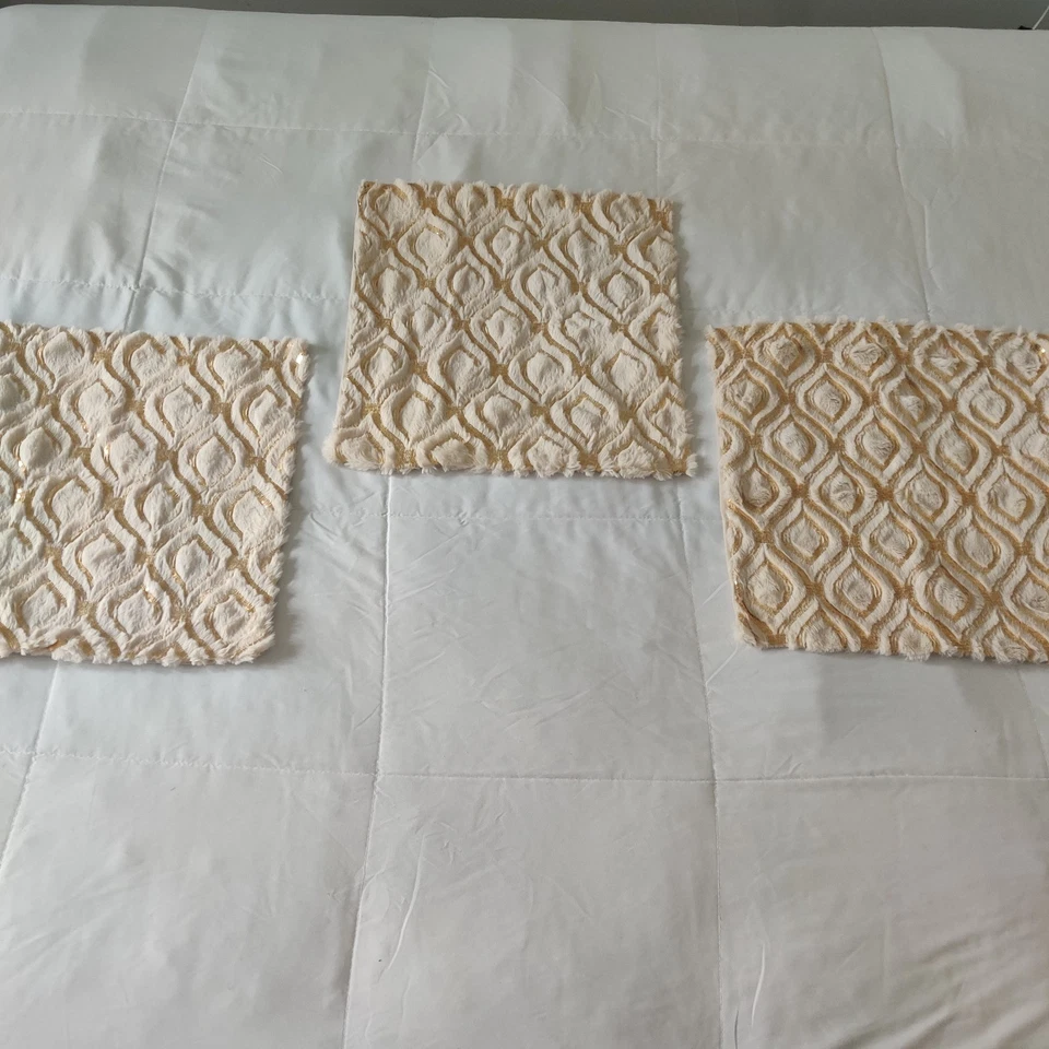 3 Gold Sequin Embroidered, Beige Faux Fur, Decorative Throw Pillow Covers 18x18 - Image 2 of 4
