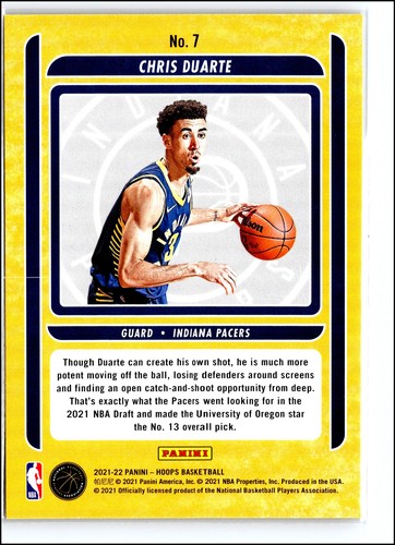 Chris Duarte Rookie 2021-22 Hoops #7 Indiana Pacers - Picture 2 of 2