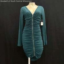 NWT Wmns GUESS Dark Green Ruched Mesh Long Sleeve Bodycon Party Dress Sz L*