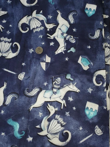 2 1/2 Yds Snuggle Knights On Horses Sheilds Blue Quilting Sewing Fabric Cotton