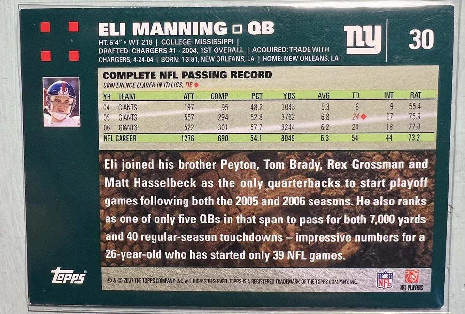 Eli Manning - 2007 Topps #30 - New York Giants - Image 2 of 2