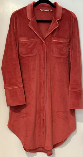 Soft Surroundings Coral Red Velour Fleece Button-Up Nightgown Sz M - 第 1/8 張圖片