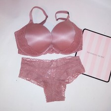 Victoria Secret Bra Set 32DDD Push Up XS Cheeky Panty Mauve Lace New