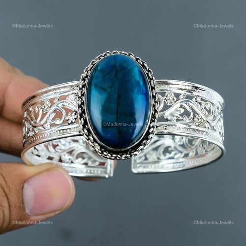 Valentines Sale Sterling Silver Natural Neon Flash Labradorite Bangle Bracelet - Picture 3 of 6