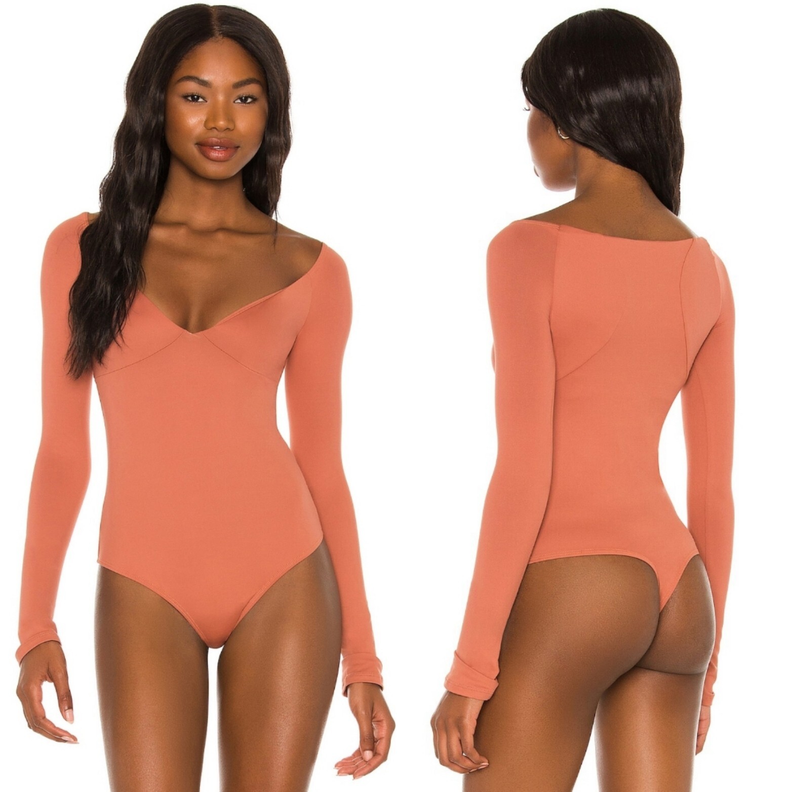 ALIX NYC Jansen V-Neck Long Sleeve Thong Bodysuit in Clay Women's Size  Small | eBay