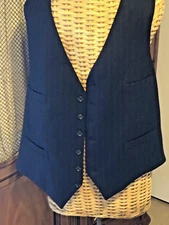 Vest Navy Blue Pinstripe 3 Pockets Lined Wool Button Down Large