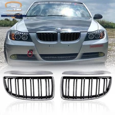 Chrome Black Front Kidney Grill Grille Dual Slats for 05-08 BMW E90 E91 PRE-LCI