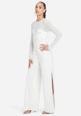 Sz M NWT Bebe EMBELLISHED ILLUSION JUMPSUIT WHITE Romper Long
