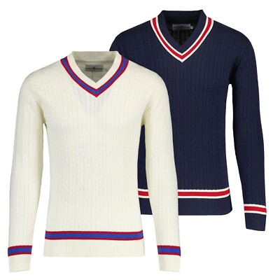 NEU HERREN 60er 70er 80er MOD RETRO ZOPFMUSTER V-AUSSCHNITT CRICKET PULLOVER Hutton MC1126