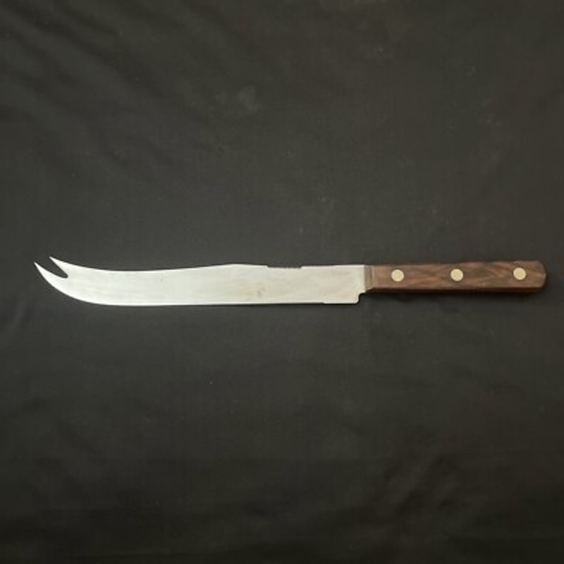 Vintage Vernco 13 3/4" Slicing Carving Knife Wood Handle 9" Blade Prongs