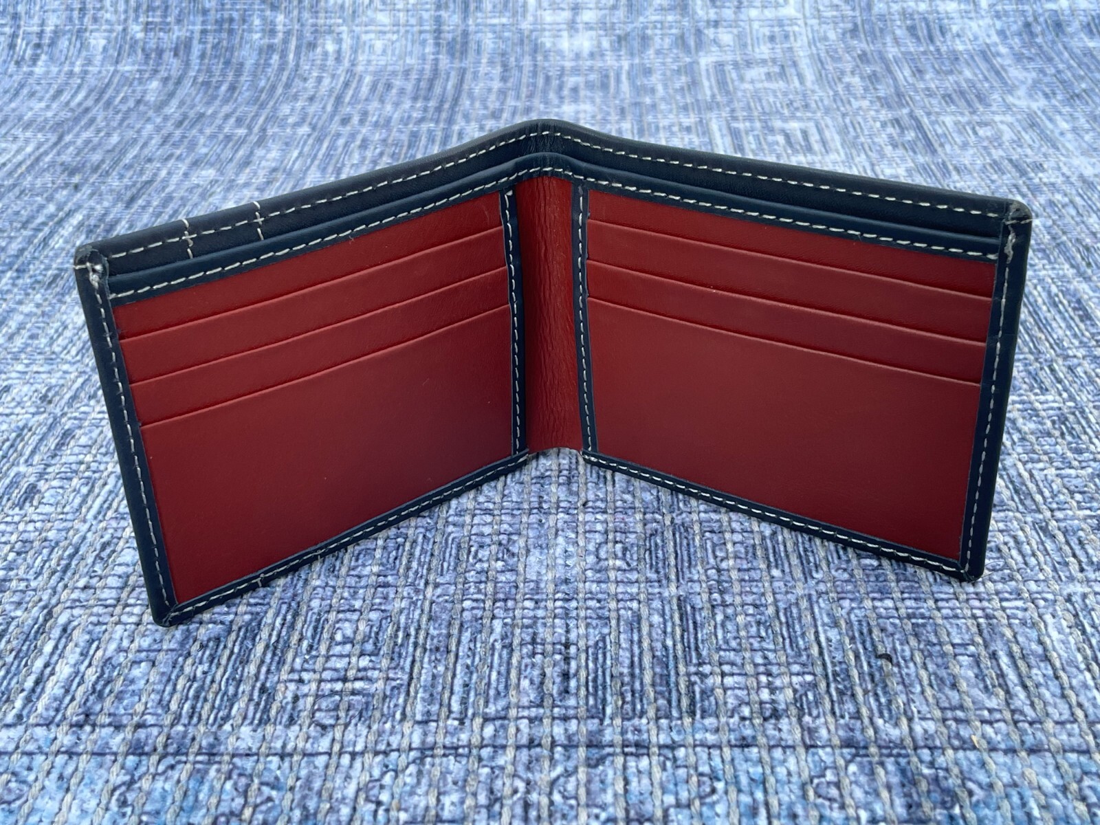 Handmade Genuine Leather Bifold Wallet Navy Blue Men Billfold Card Holder Purse  -image