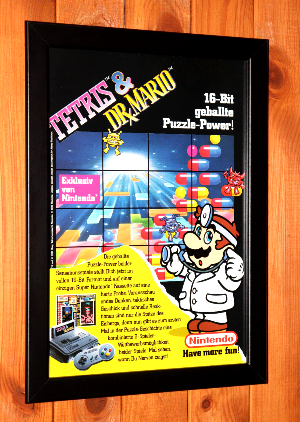 1994 Tetris & Dr. Mario Nintendo SNES Vintage Mini Promo Poster / Ad Page Framed