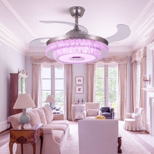Bluetooth 42'' Crystal Ceiling Fan Light 7 Color Changes Music Player Chandelier - Picture 9 of 10