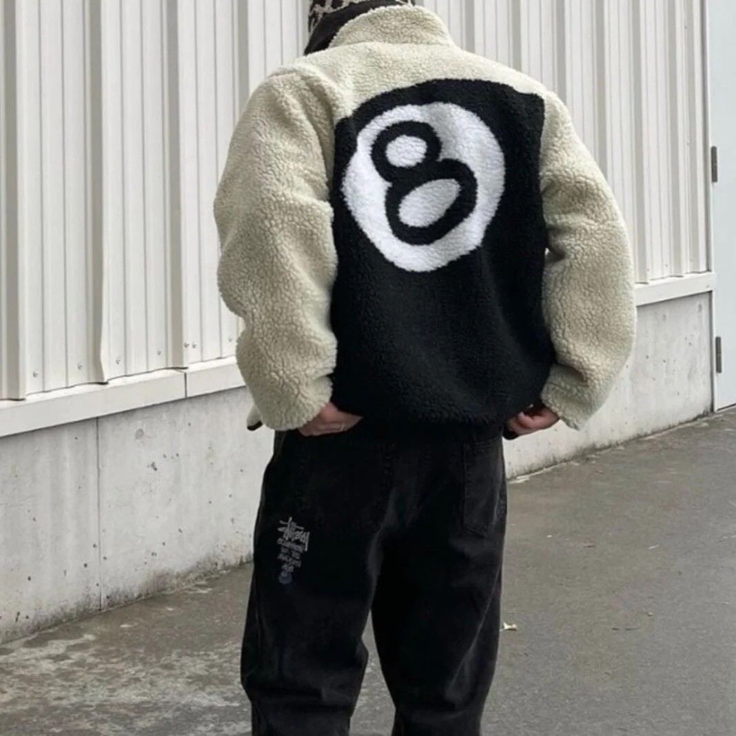 Stussy 8 Ball Sherpa Fleece Reversible Jacket Size M cream 🎱 ✅ Free Shipping AU