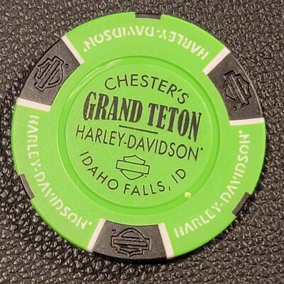 CHESTER'S GRAND TETON HD ~ IDAHO (Neon Green/Black B&S back) Harley Poker Chip