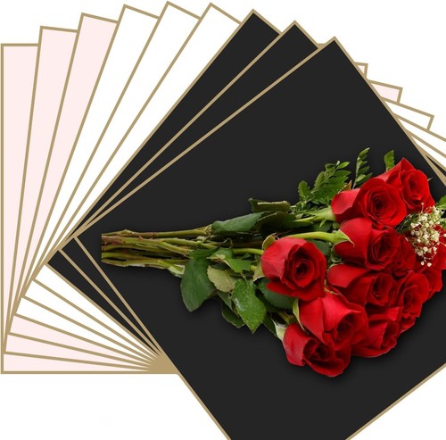 30 fogli carta da imballaggio impermeabile bordo oro fiori 57 cm con nastro e carte UK - Foto 5 di 9
