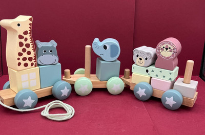 Wooden Animal Stacking Train Toy Pastel Rainbow 15 pieces Pull String