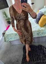 Changes by Together Size 10 Brown Black Leopard Wrap Dress V-Neck 3/4 Sleeve