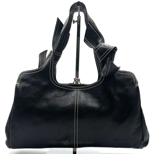MIU MIU Archive Logo Bow Kiss Lock Leather Shoulder Tote Bag Black Auth