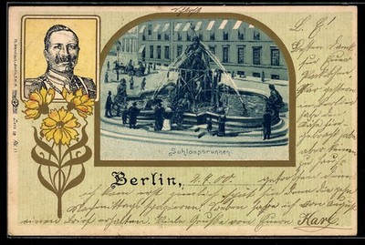 Passepartout-Lithographie Berlin, Partie am Schlossbrunnen, Portrait Kaiser Wil 