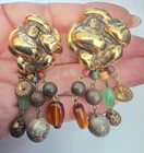 Green Orange Beaded Gold Tone Knot Dangle Clip On Earrings Vintage
