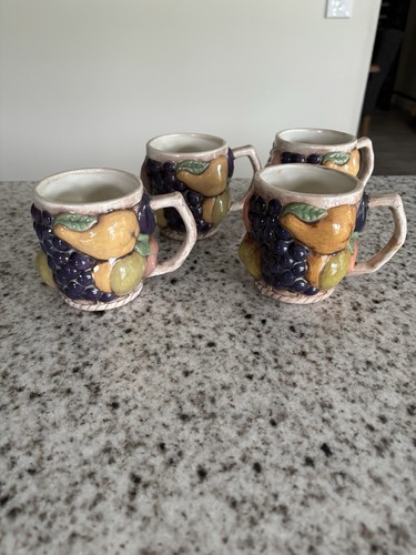 MCM Art Ceramic Mugs Fruit Hand Painted Signed Set Of 4 - Picture 3 of 4