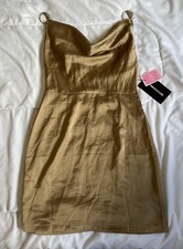 NWT PrettyLittleThing Mini Dress Gold Satin Cowl Neck Ring Detail Bodycon Size 4