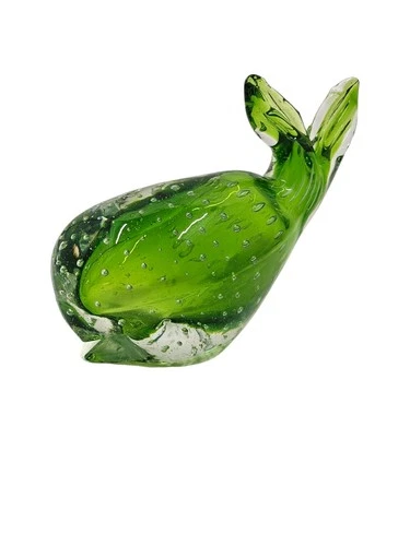 Murano Art Glass Controlled Bubble Paperweight Green Whale Fish Figure