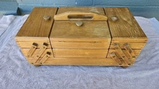 ‡ 🧵 Vintage Wood 3-Tier Accordion Fold Out  Sewing Box • 19 x 10 x 10 in
