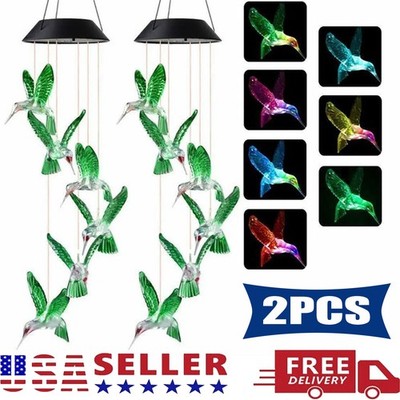 2PCS Hummingbird Wind Chime Color-Changing Solar Powered LED Lights Garden Decor