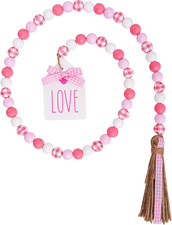Valentine'S Wood Bead Garland with Tassel Tags 41.3 Inch Pink White Rustic Woode