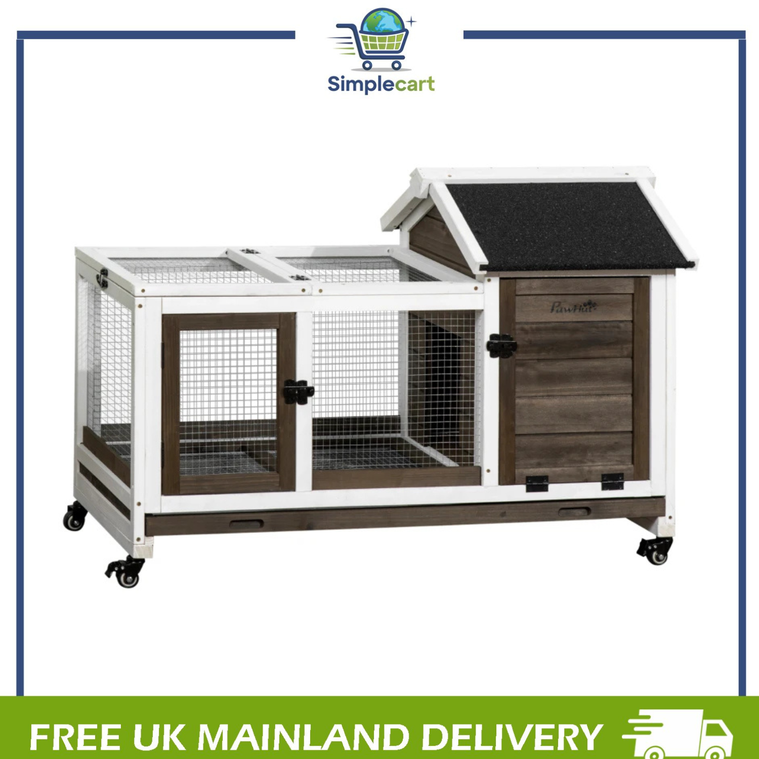 Pawhut Grey Wooden Rabbit Hutch, Guinea Pig Cage, With Removable Tray, Wheels - Image 2