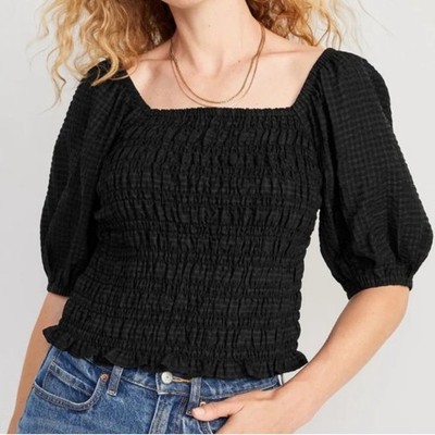 Old Navy Fitted Puff-Sleeve Smocked Top in Black Jack - Size S