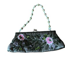 Vintage Beaded Embroidered Clutch Purse Sequined Kiss Lock Evening Bag