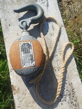 Antique Oak Ships Rope Pulley Block Single With Hook And Rope 16" Inc Hook