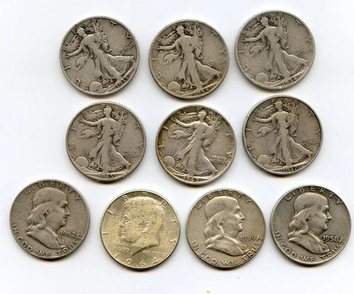 Ten U.S. Half Dollars, all .9000 Finess W.L., Franklins, 1 1964 JFK Silver