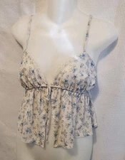 RSQ Womens Sz Small Sheer Babydoll Tank Top Ti Front Blue Floral Hippie Festival