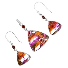 Kingman Orange Dahlia Turquoise & Garnet 925 Silver Pendant Earrings Set T-1010