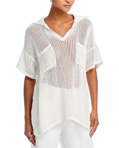 VINTAGE HAVANA Open Knit Sheer Crochet Pockets Polo Tunic Sweater S White NWT - 第 1/9 張圖片