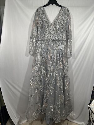 関税送料込【MAC DUGGAL】ロング ワンピース 花柄 長袖 グレー NWT $798 Mac Duggal [ 10 ] 20214 Long Sleeve Beaded Appliqué