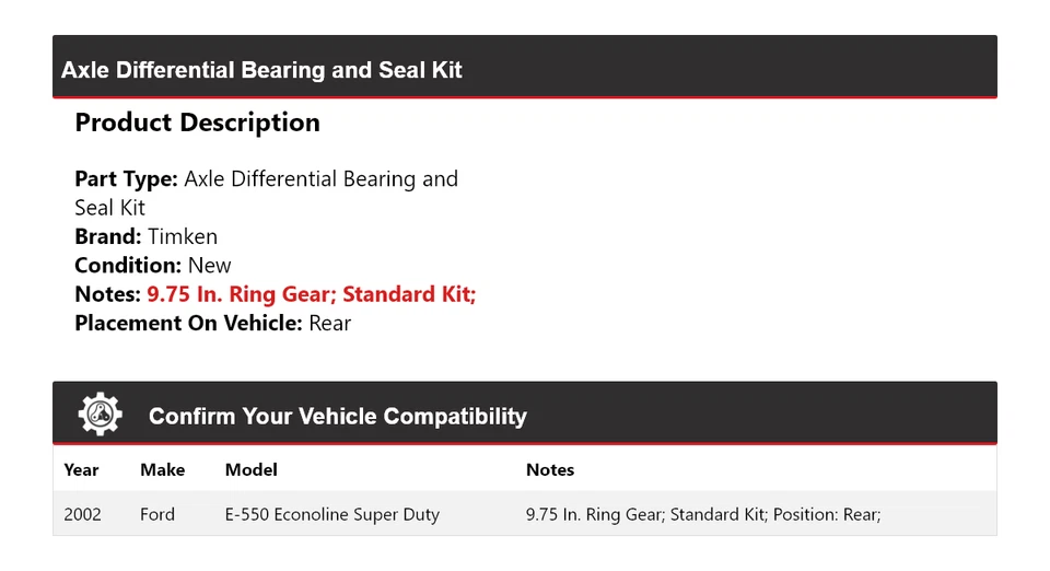 Kit de sello de cojinete diferencial de eje para Ford E-550 Econoline Super Duty 02 Timken Foto 2 de 3