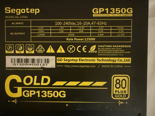 PC-Netzteil ATX Segotep GP1350G, 1250 Watt 80+ Gold ohne OVP Top Zustand - Bild 2 von 3