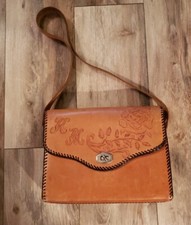 Vintage Hand Tooled Leather Purse Roses Floral Laced Shoulder Bag KM Initials